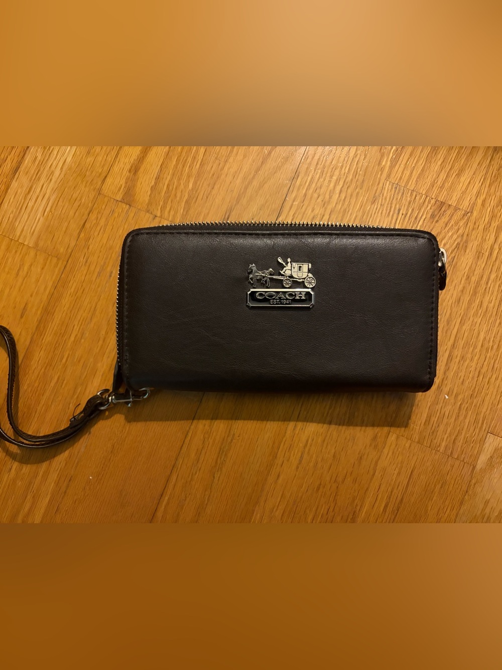 Coach Brown Leather Zip Wristlet with Silver Coach Emblem